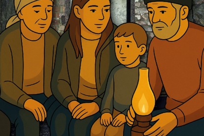 Eine Familie sitzt mit einer Kerze in einem Bunker.